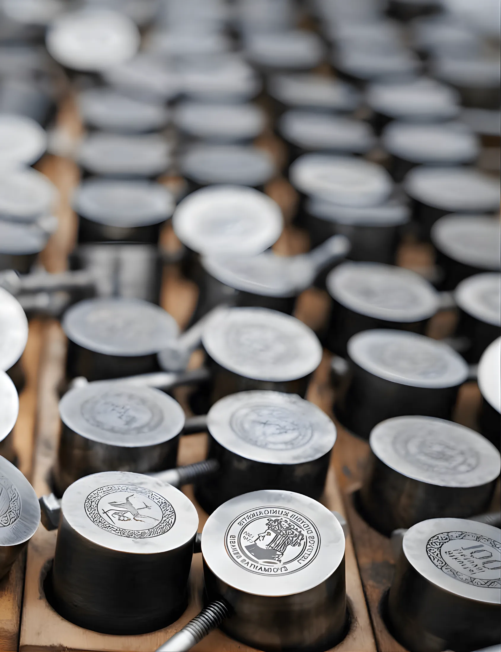Rows of metal coin-minting dies stamped with different designs