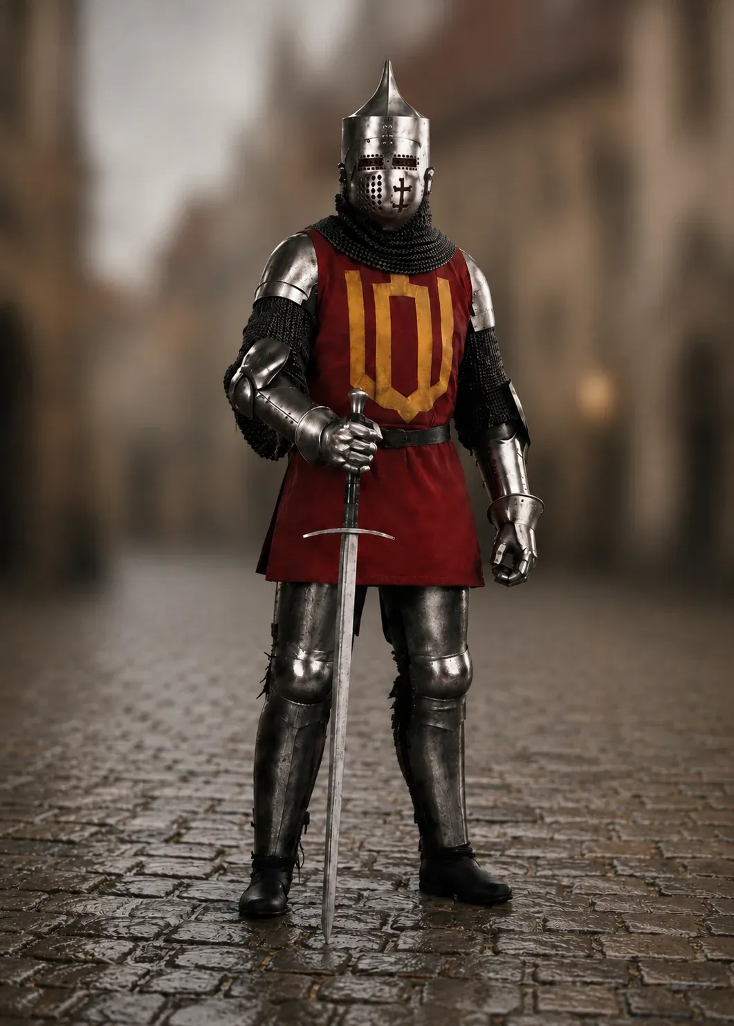 A knight in full plate armour and a red heraldic surcoat stands in an old-town street, sword point down on the cobbles