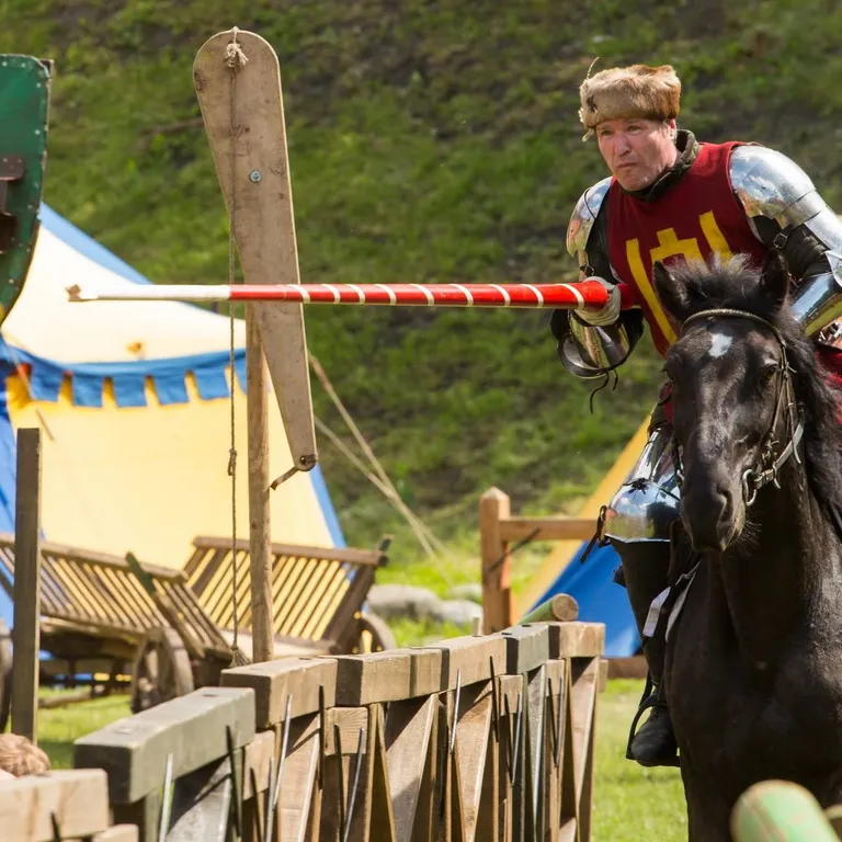 A mounted knight charges a ring target with a lance in the tournament arena