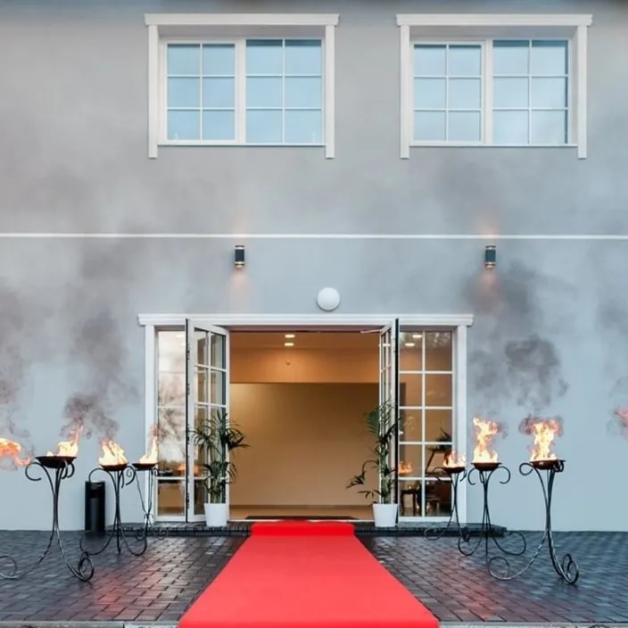 Flaming fire stands lining a red-carpet building entrance