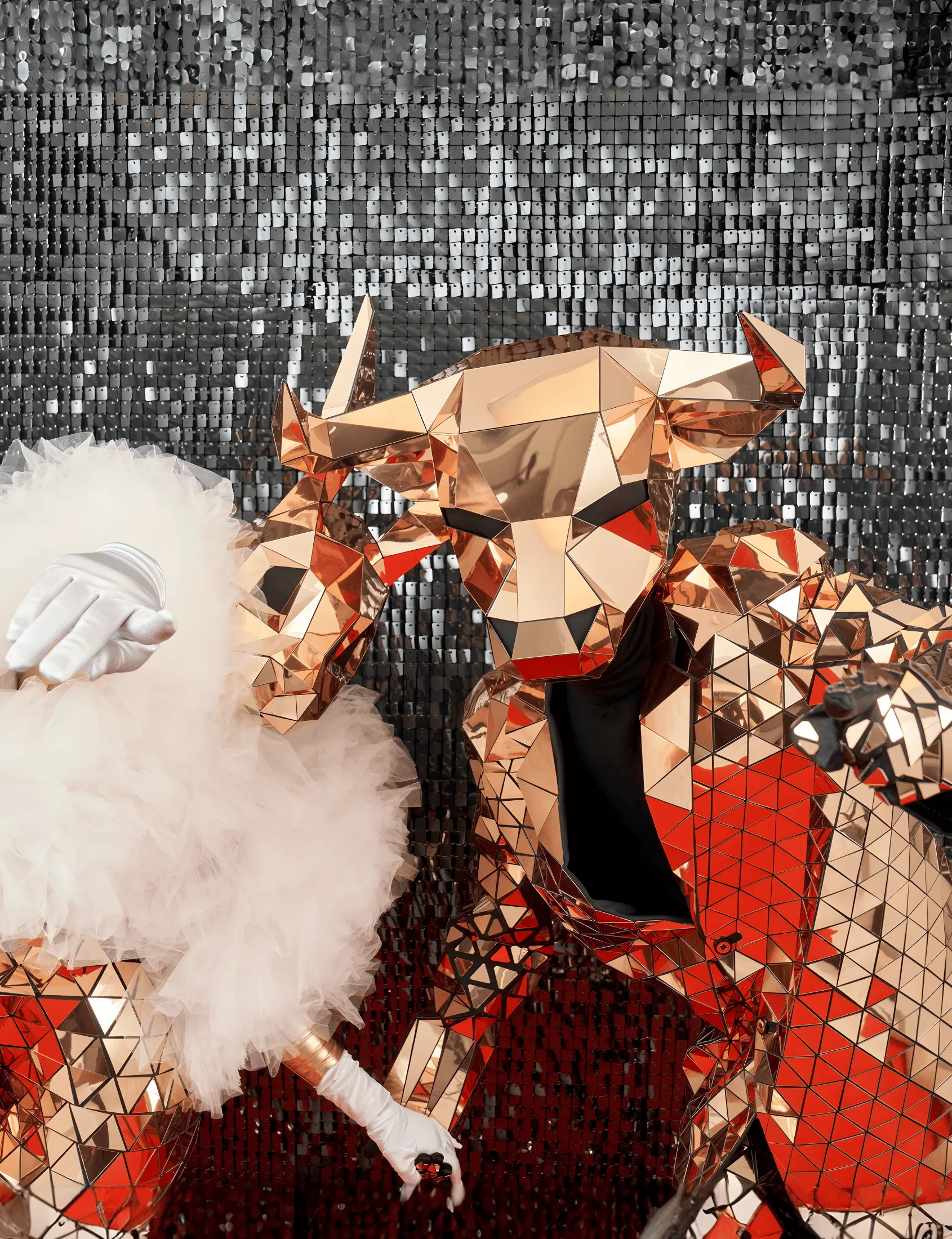 Mirror-mosaic bull-mask character next to a companion in white fur trim