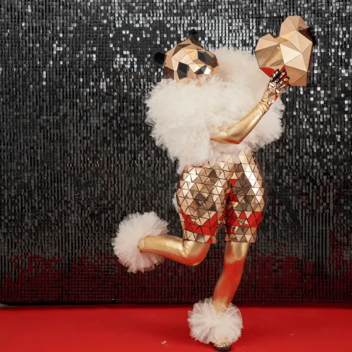 Full-length gold mirror-mosaic bear-head character with white fur trim